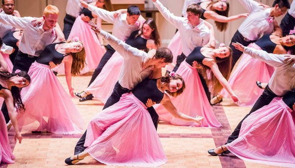 Partners in Ballroom Dancing Club do a dip at Dancefest