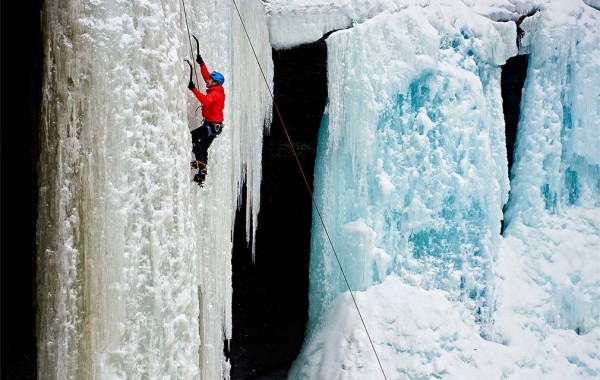 Austin Sun ice climbing at Tinker Falls.