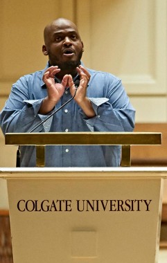 Kiese Laymon at the podium in Colgate's Memorial Chapel