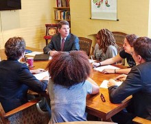 President Herbst, Provost Hicks, and Dean Nelson discuss Colgate For All with student representatives