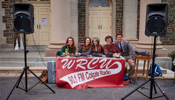 WRCU mobile broadcasting setup outside Memorial Chapel