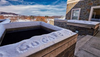 "Go Gate" written in the snow at the top of Persson Stairs