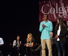 Student entrepreneurs on stage for a shark tank