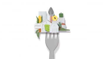 Illustration of a cityscape with food intermixed, all on the end of a fork