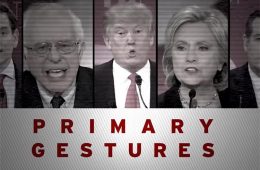 Primary Gestures title card with Donald Trump, Hillary Clinton, and Bernie Sanders each at a microphone