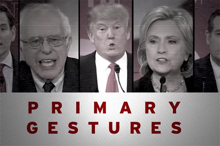Primary Gestures title card with Donald Trump, Hillary Clinton, and Bernie Sanders each at a microphone